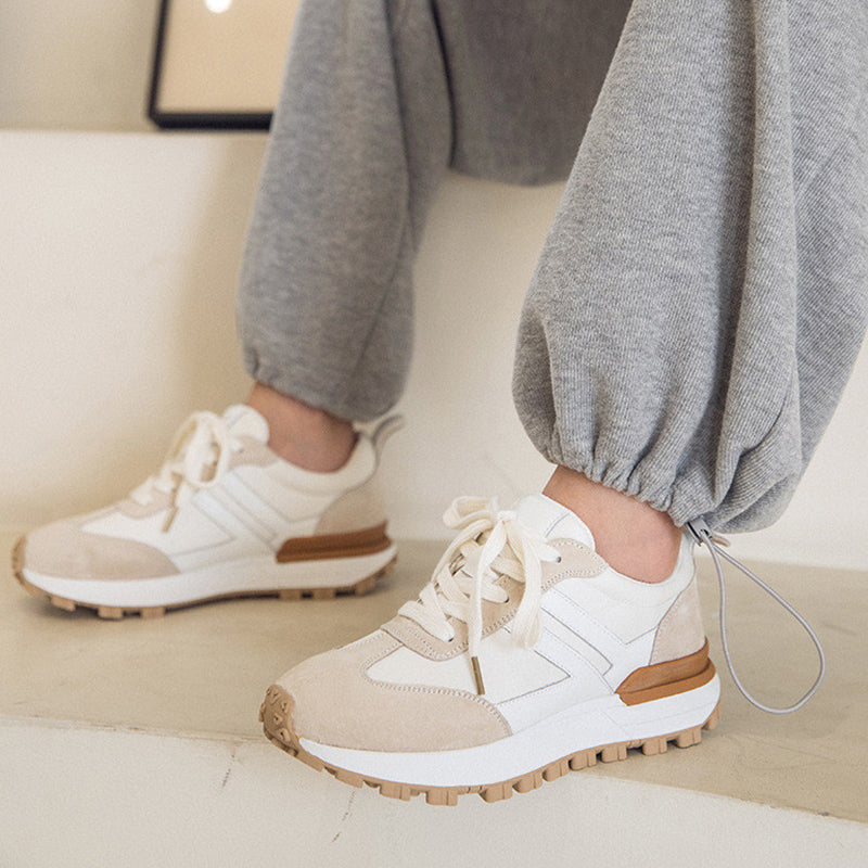 Women's White & Brown Contrast Platform Sneakers