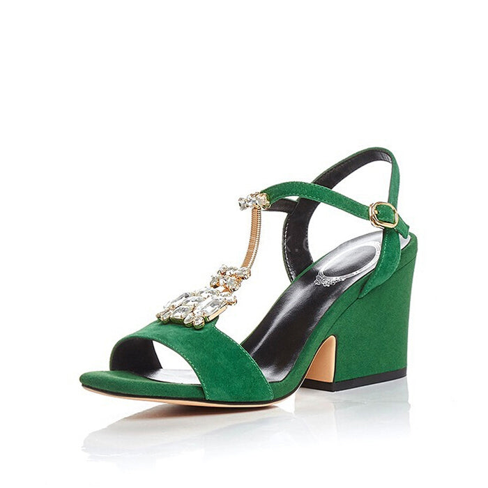 Open Square Toe Rhinestone Chunky Sandals