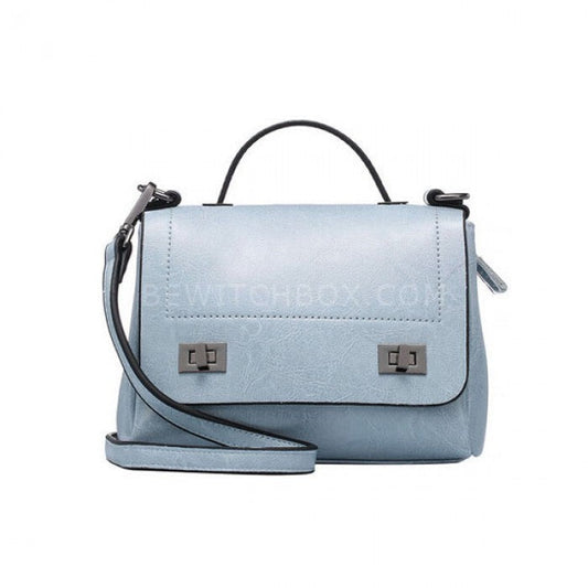 Blue Cowhide Leather Lock Crossbody Bag