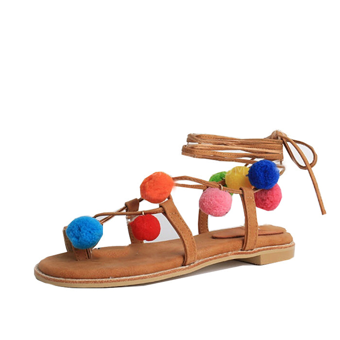 Multicolor Pom Pom Tie Leg Flat Sandals