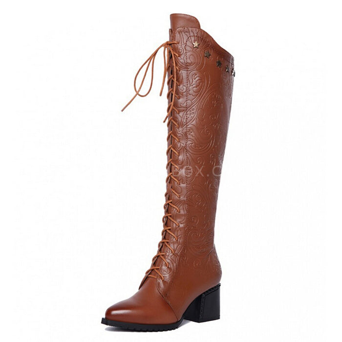 Lace Up Block Heels Knee Boots With Side Zip