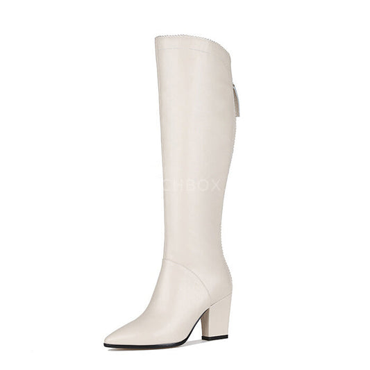 Plain Leather Knee High Zipper Boots