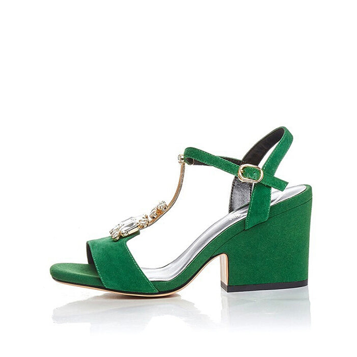 Open Square Toe Rhinestone Chunky Sandals