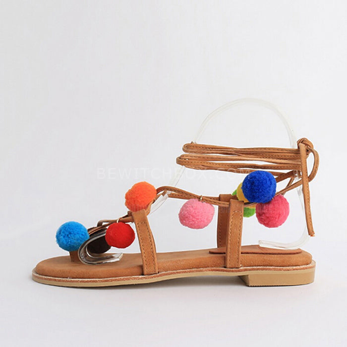 Multicolor Pom Pom Tie Leg Flat Sandals