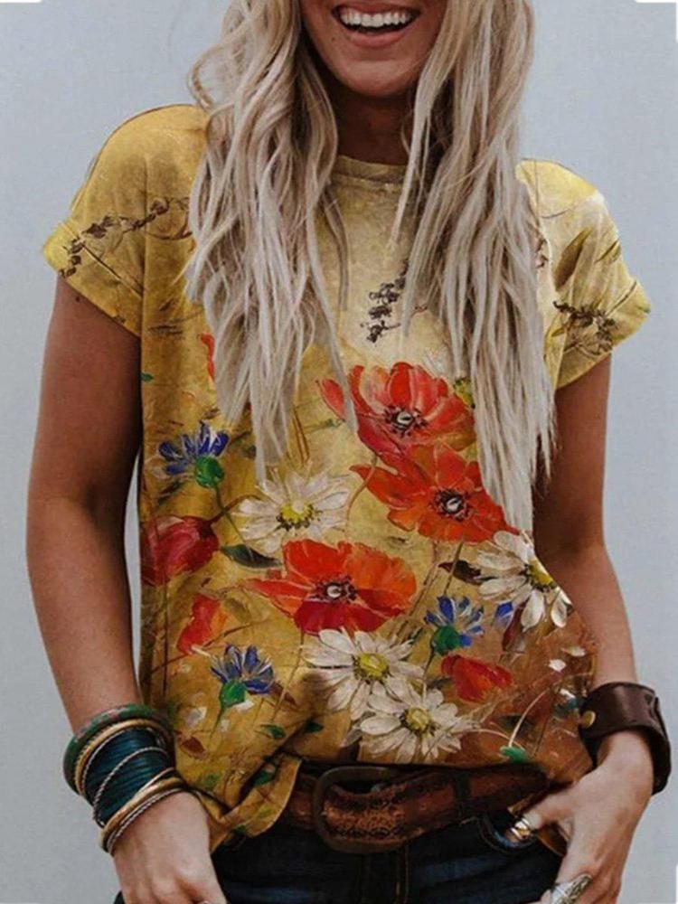 Oil Painting Style Round Neck Casual T-Shirt