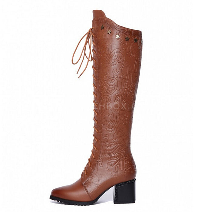 Lace Up Block Heels Knee Boots With Side Zip