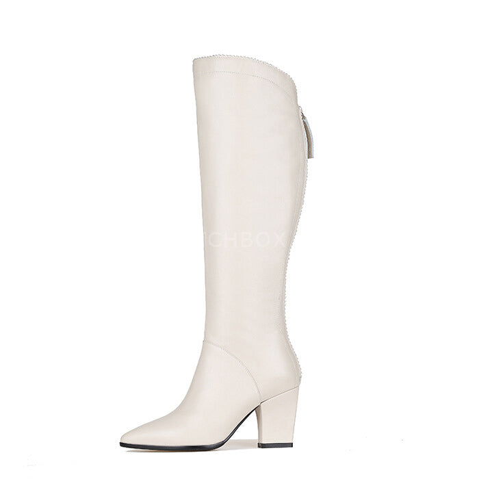 Plain Leather Knee High Zipper Boots