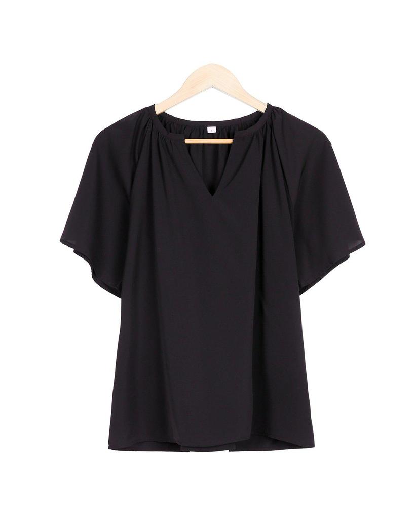 Chic Notched Neckline Short Sleeve Black Top