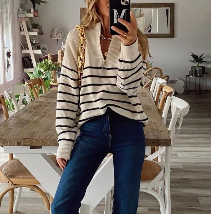 Cool Zipper V-Neck Long Sleeve Striped Sweater