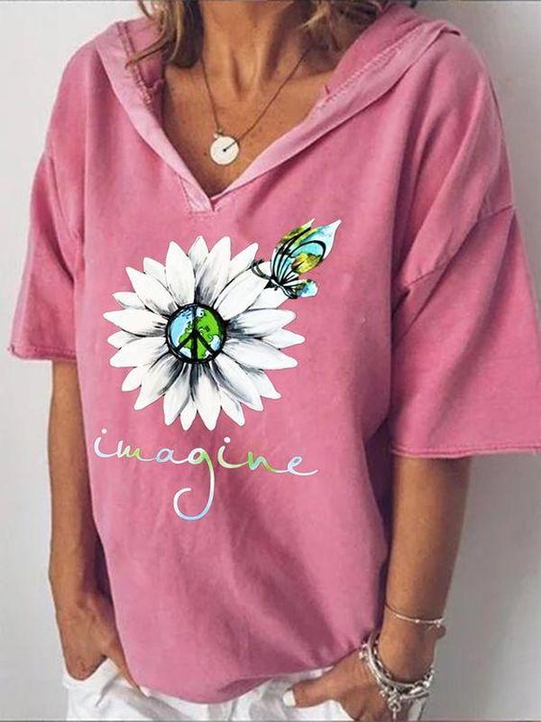 Attractive Print Short Sleeve Pink Hoodie