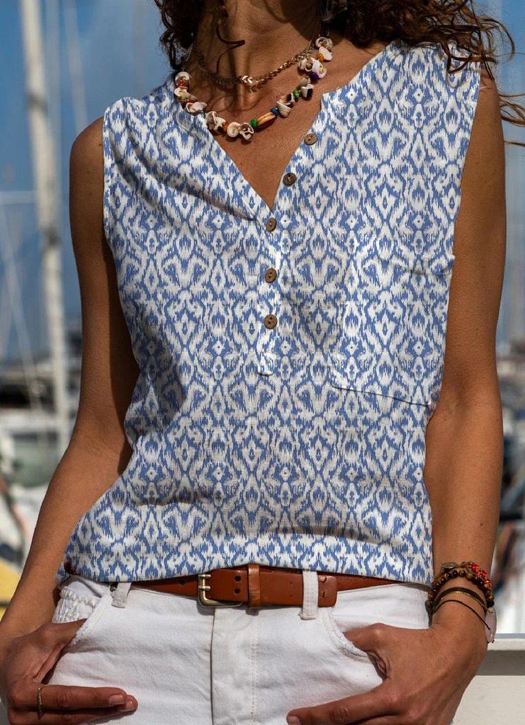 Casual V-Neck Print Sleeveless Top