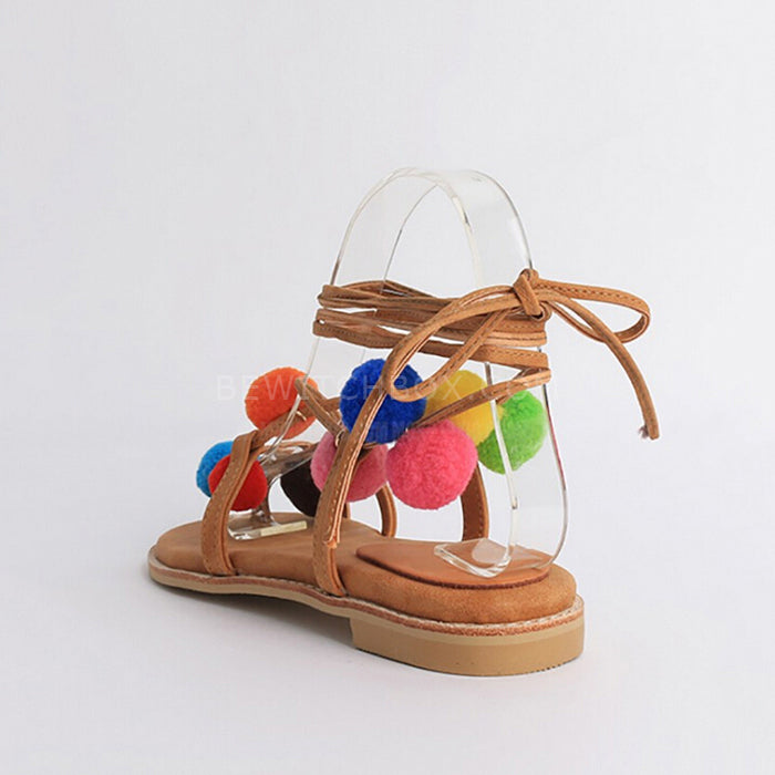 Multicolor Pom Pom Tie Leg Flat Sandals