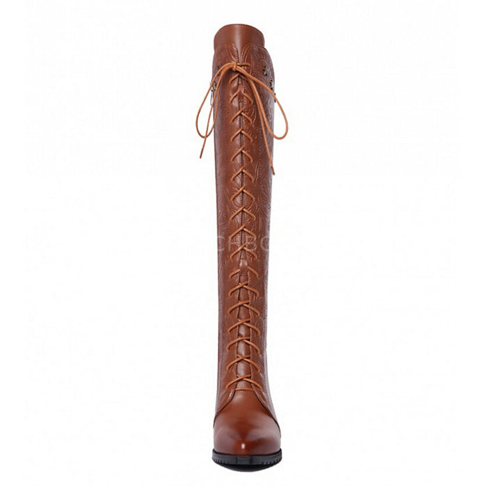 Lace Up Block Heels Knee Boots With Side Zip