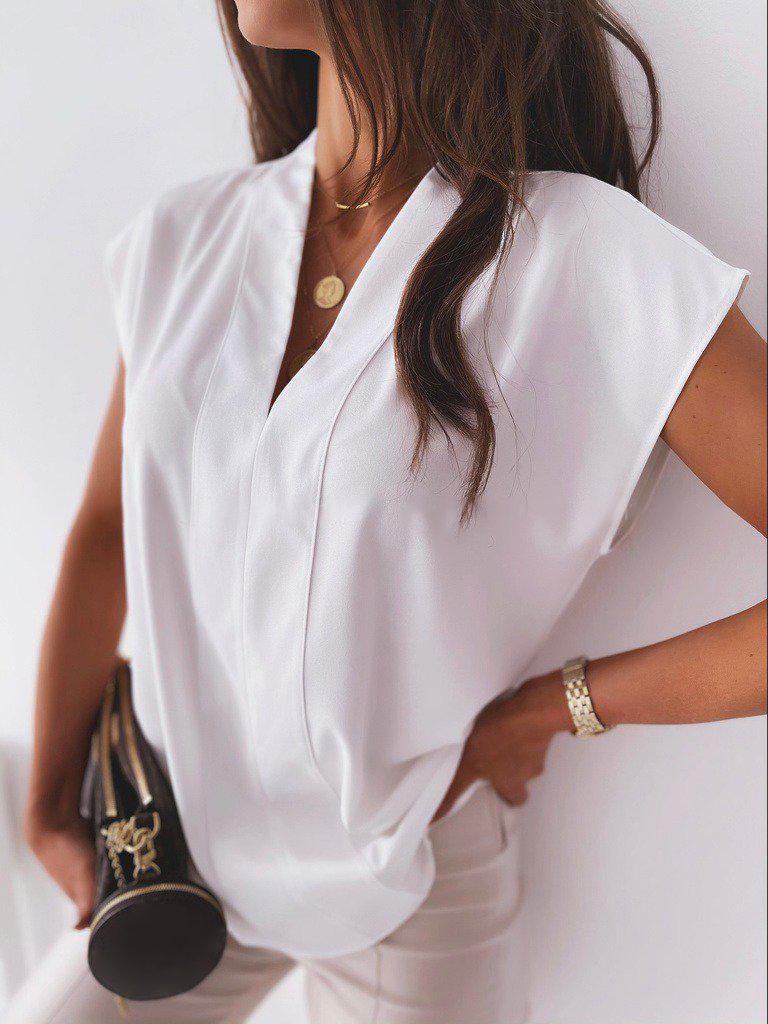Elegant V-Neck White Plain Blouse