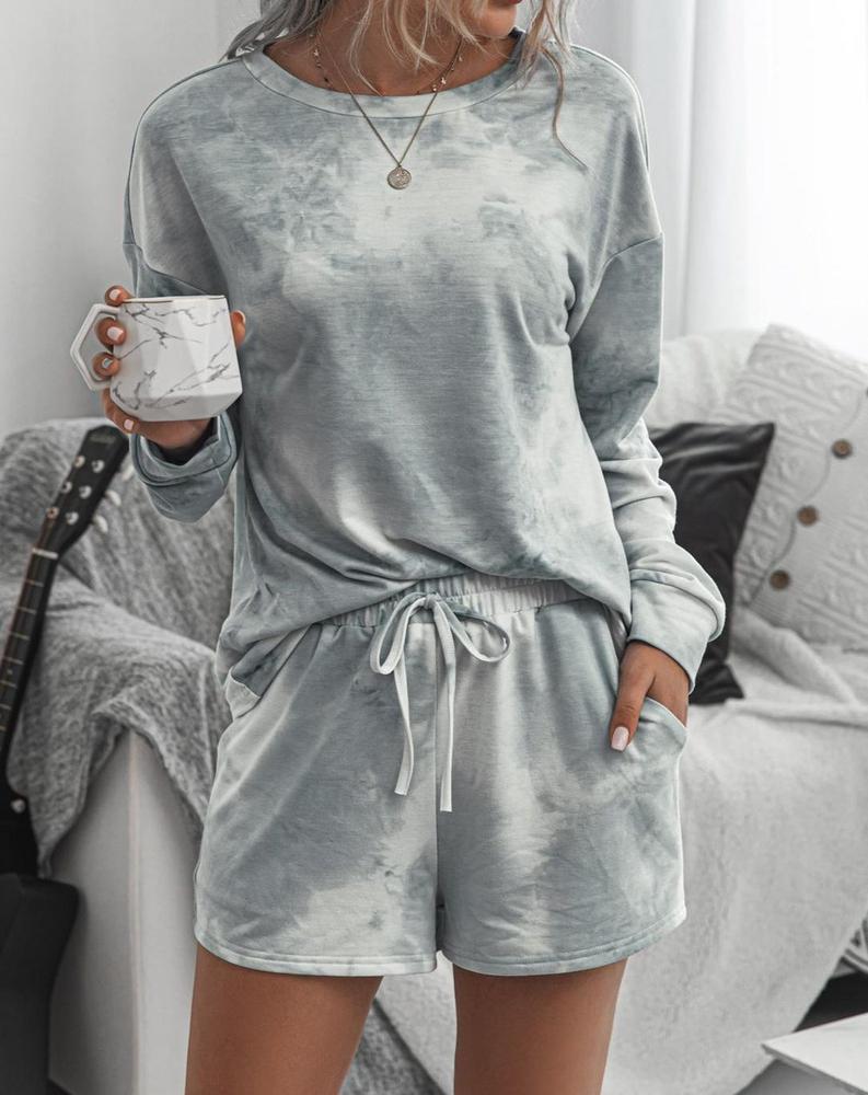 Casual Grey Round Neck Loose Top And Drawstring Lounge Shorts Set