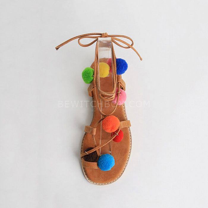 Multicolor Pom Pom Tie Leg Flat Sandals