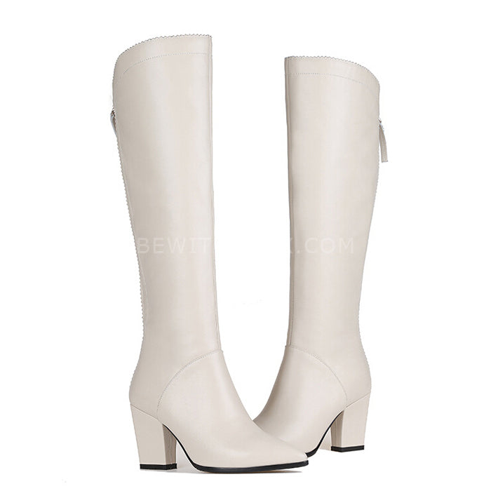 Plain Leather Knee High Zipper Boots