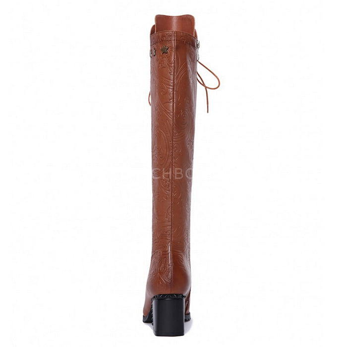 Lace Up Block Heels Knee Boots With Side Zip
