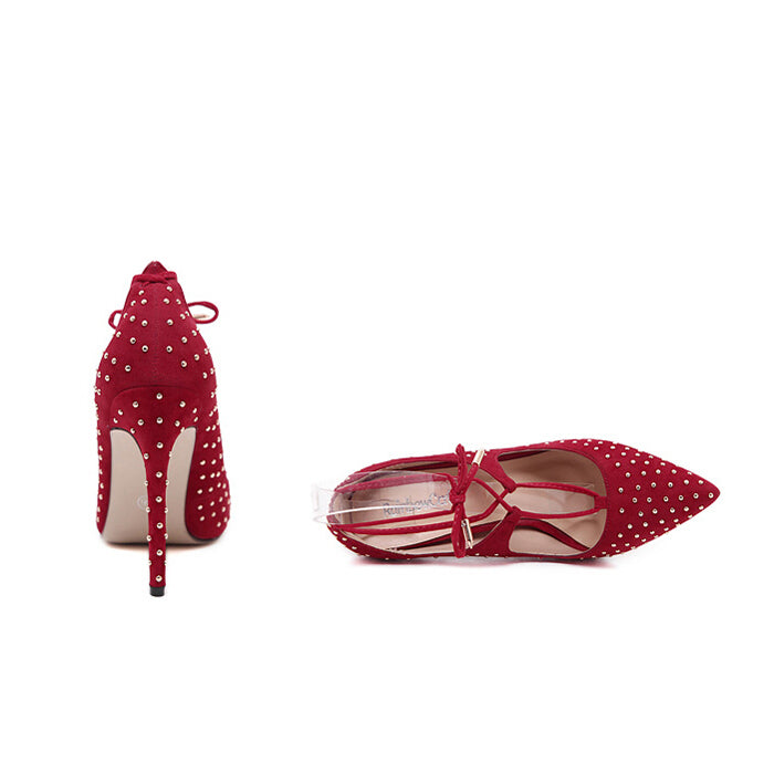 High-heeled shoes with rivet cross tie