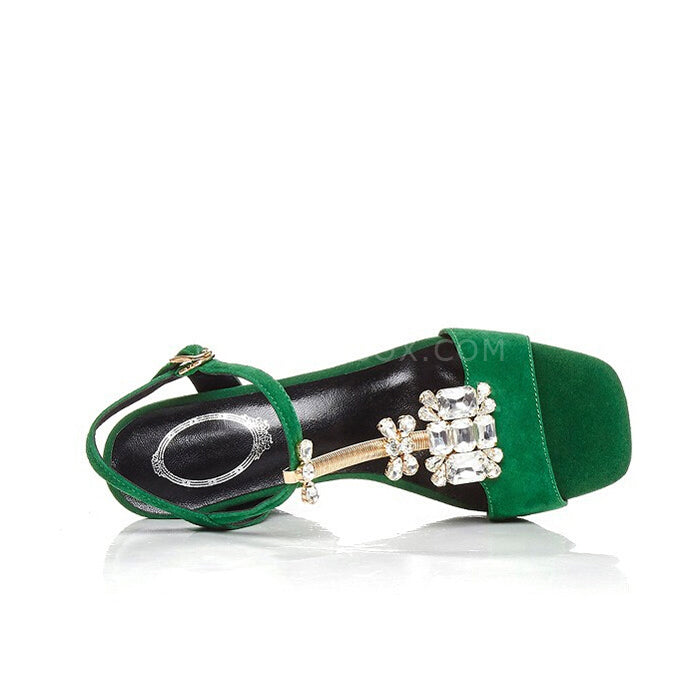 Open Square Toe Rhinestone Chunky Sandals
