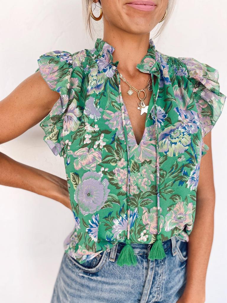 Fresh Print Sleeveless V-Neck Top