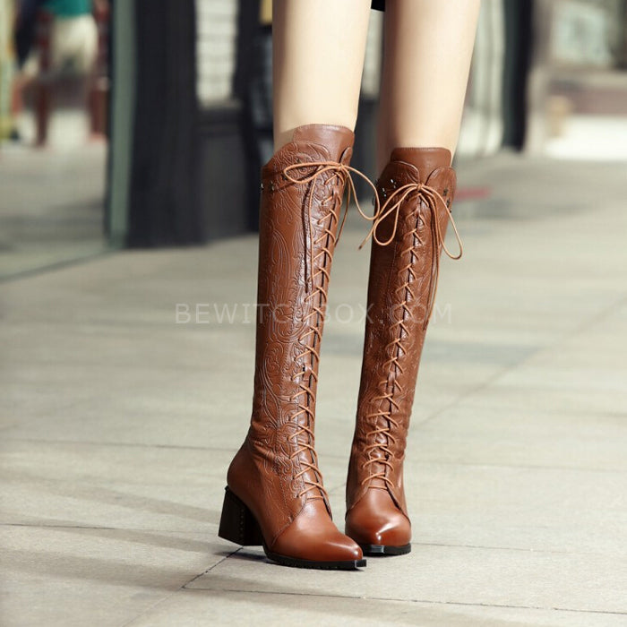Lace Up Block Heels Knee Boots With Side Zip