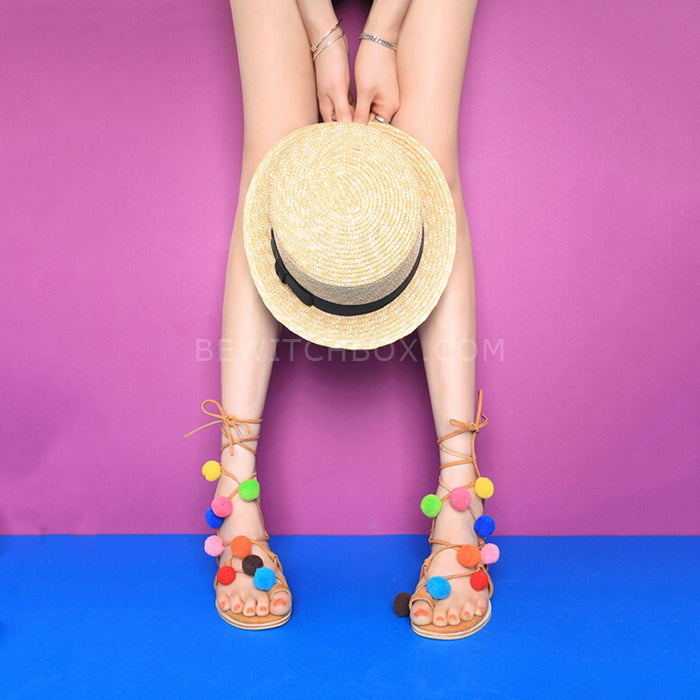 Multicolor Pom Pom Tie Leg Flat Sandals