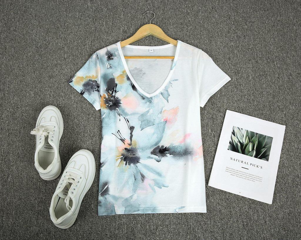 Casual V-Neck Short Sleeve Floral Top