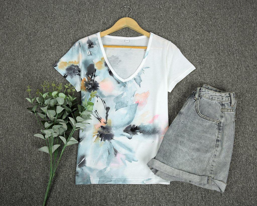 Casual V-Neck Short Sleeve Floral Top