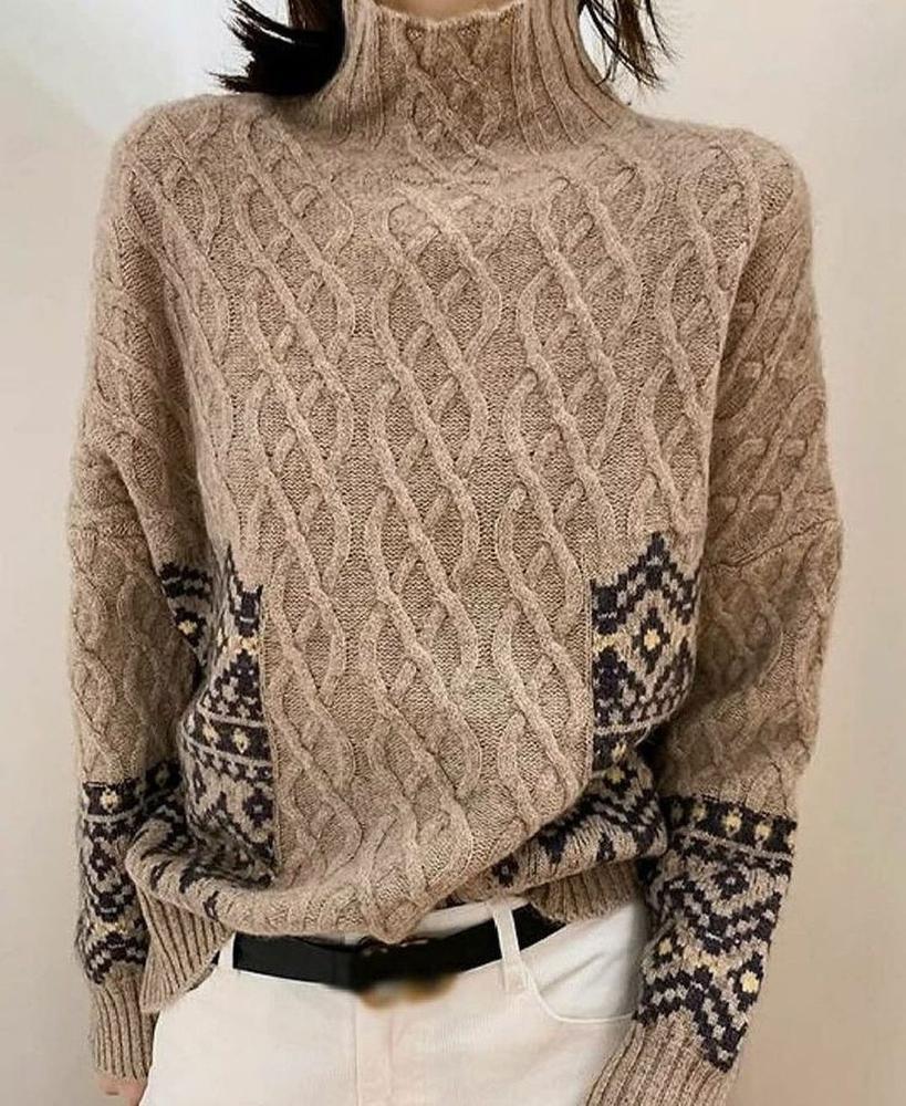 Stylish High Neck Cable-Knit Long Sleeve Printed Sweater