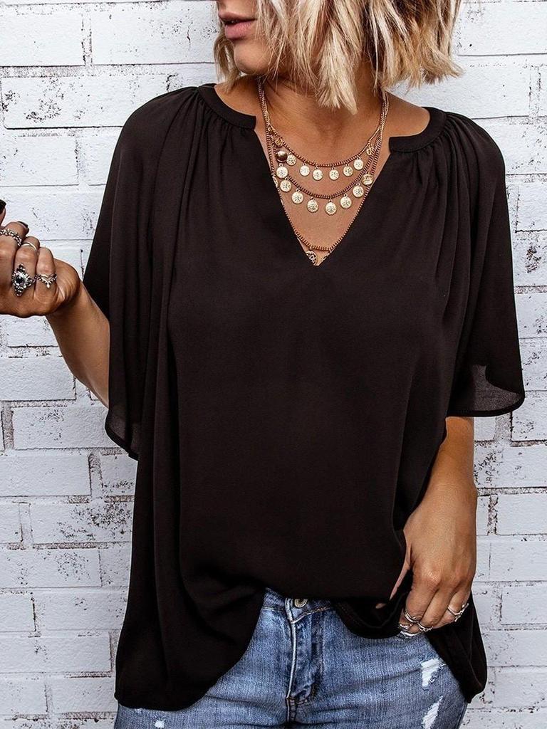 Chic Notched Neckline Short Sleeve Black Top