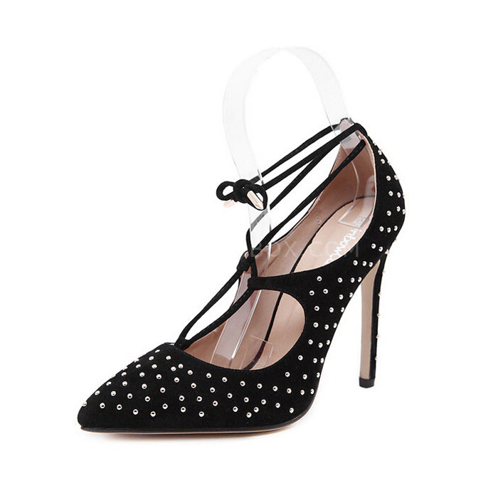 High-heeled shoes with rivet cross tie