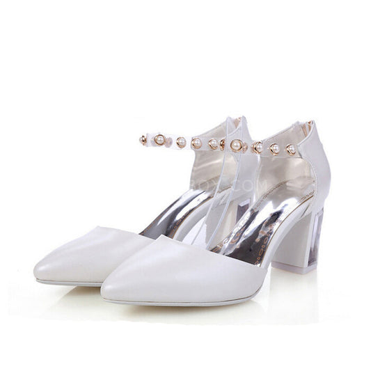 Stud Buckle Strap Pointed Block Heeled Shoes